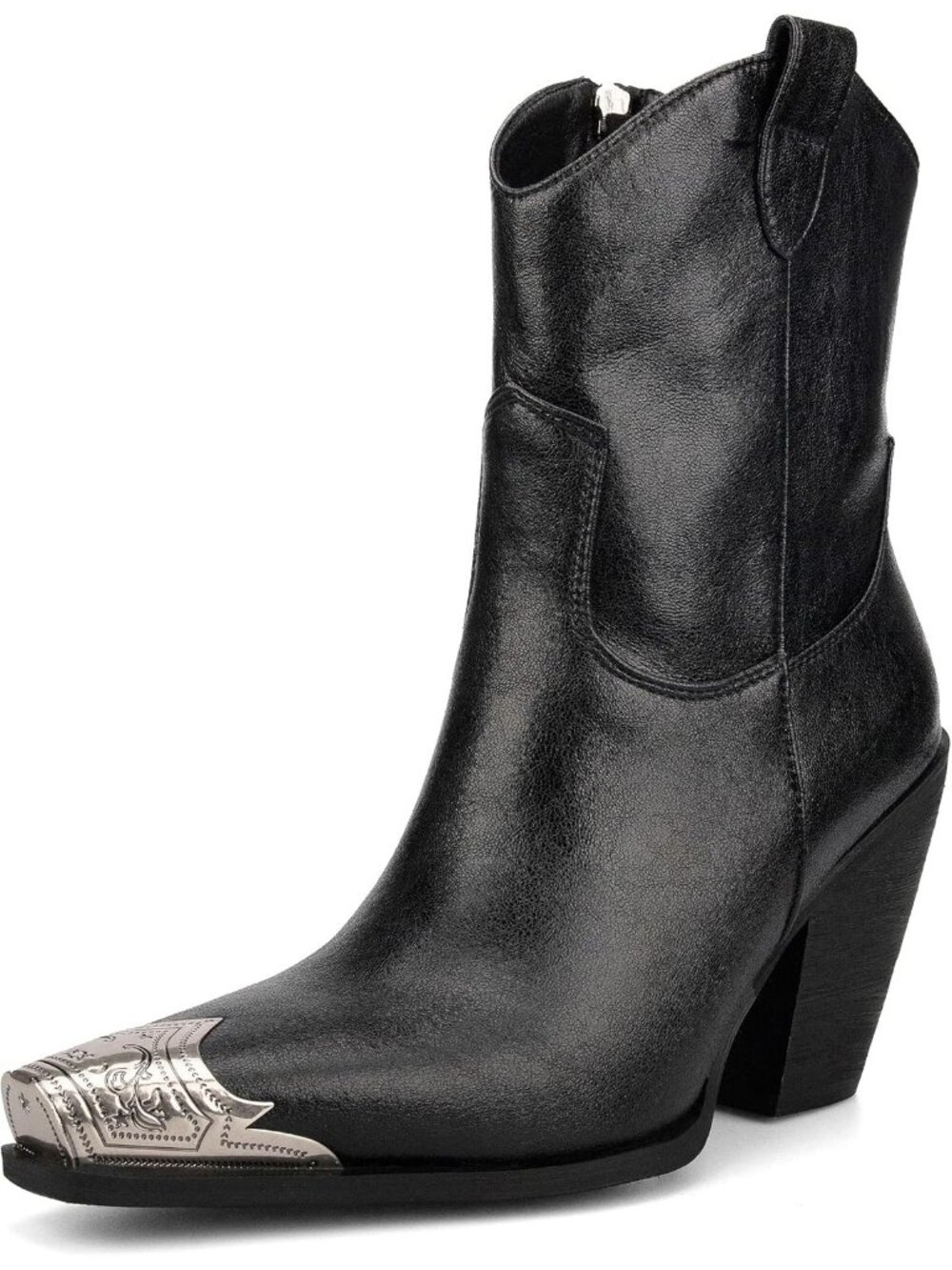 Women's Light Black Engraved Steel Toe Cowgirl Boots Stacked Block Heels Short